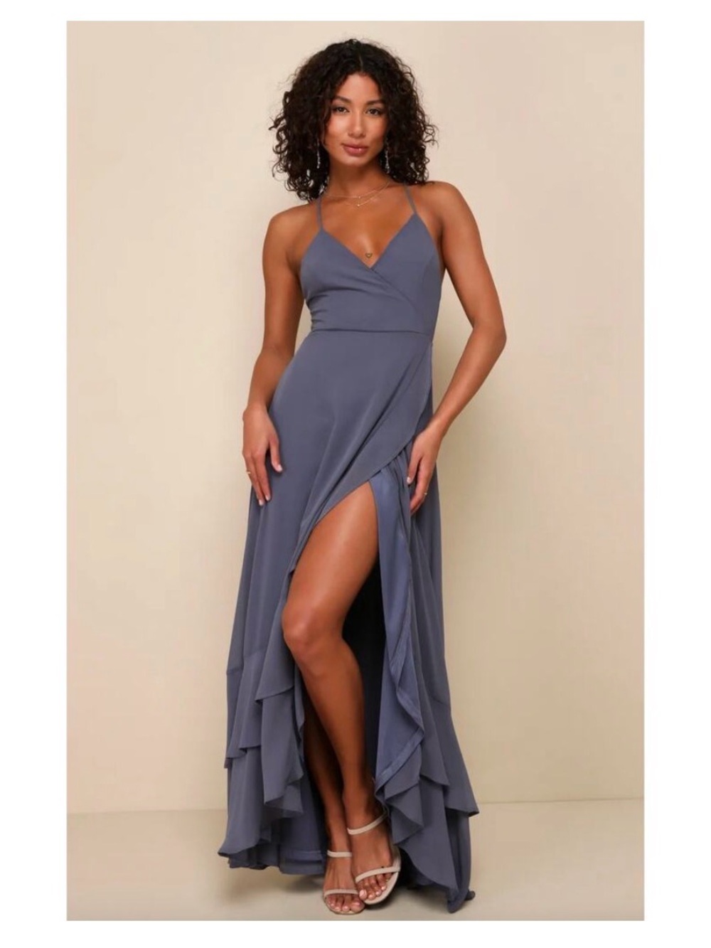 New Lulus Women love Forever Elegant Slate Blue High-Slit Maxi Dress Gray Small